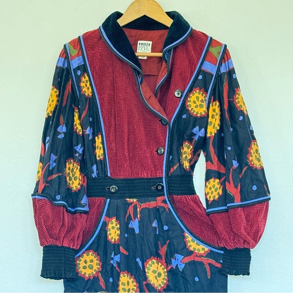 Jeanne Marc Vintage 80’s Luxury Colorful Floral Corduroy Long Sleeve Jumpsuit S - Picture 8 of 15